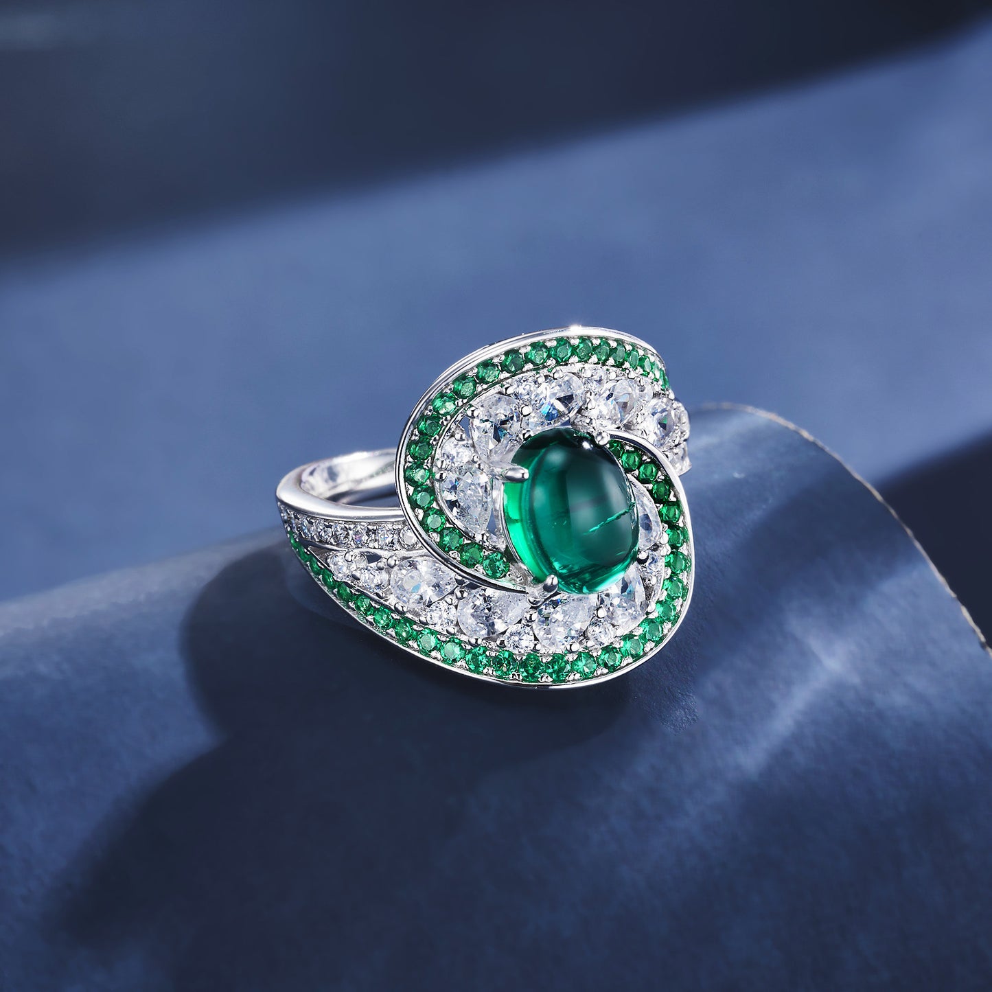 S925 Sterling Silver Emerald Ring Sugarloaf Cabochon Full Diamond Design, Premium - Photo 4