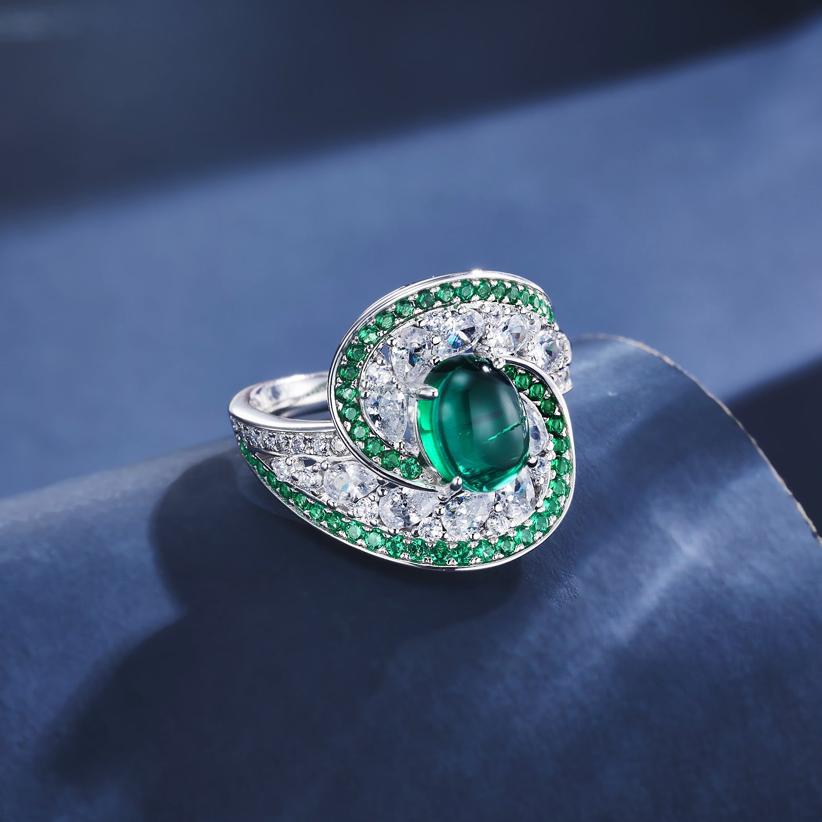 S925 Sterling Silver Emerald Ring Sugarloaf Cabochon Full Diamond Design, Premium - Photo 4