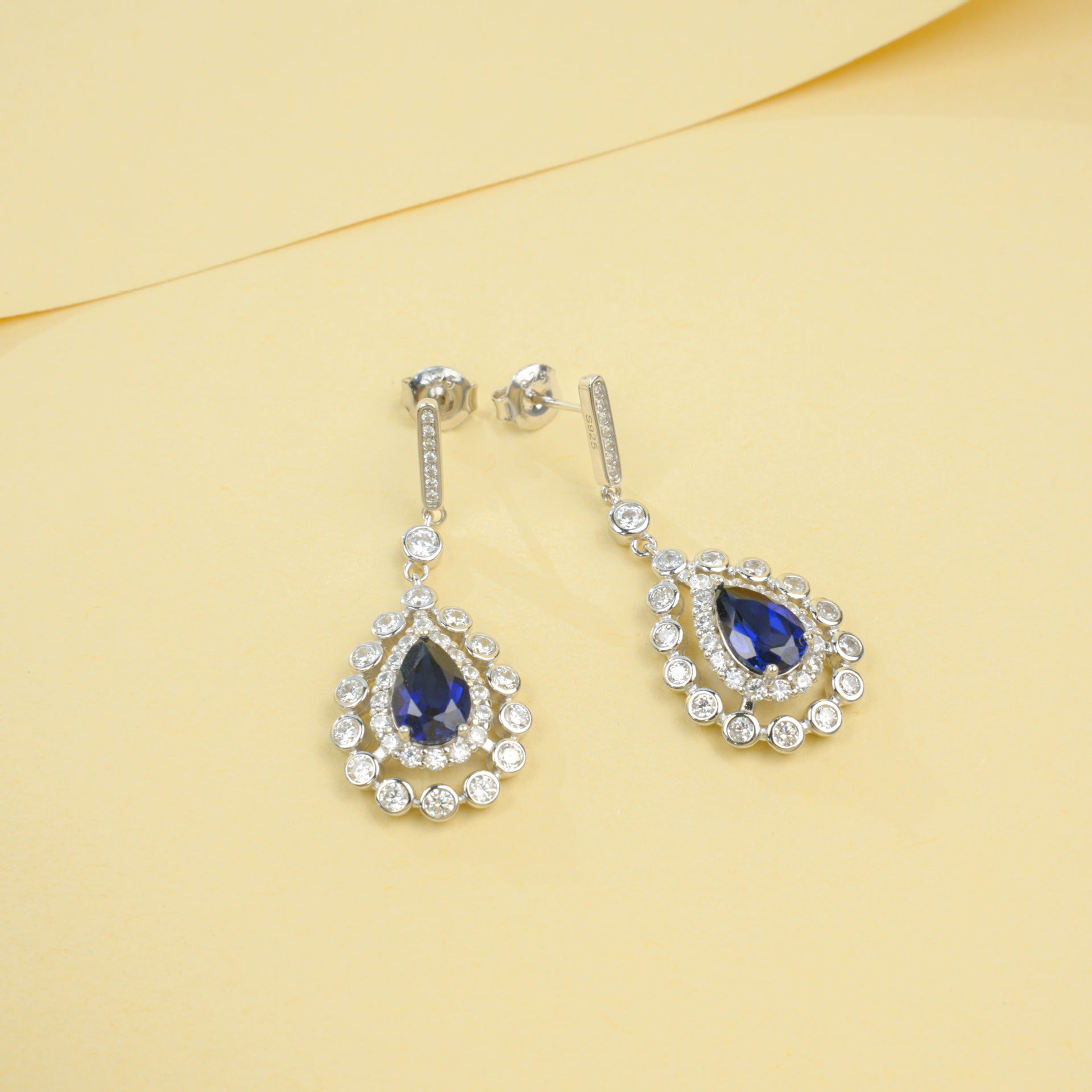 925 Sterling Silver Lab Sapphire Teardrop Pave Long Drop Earrings - Photo 4