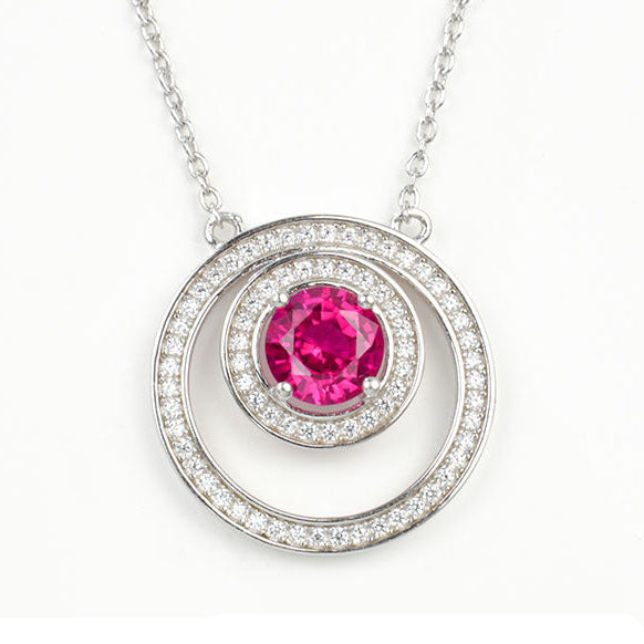 S925 Sterling Silver Lab Ruby Double-Ring Halo Pendant Necklace, Premium Jewellery - Photo 1