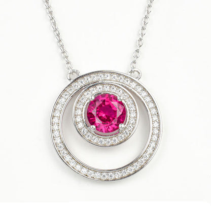 S925 Sterling Silver Lab Ruby Double-Ring Halo Pendant Necklace, Premium Jewellery - Photo 1