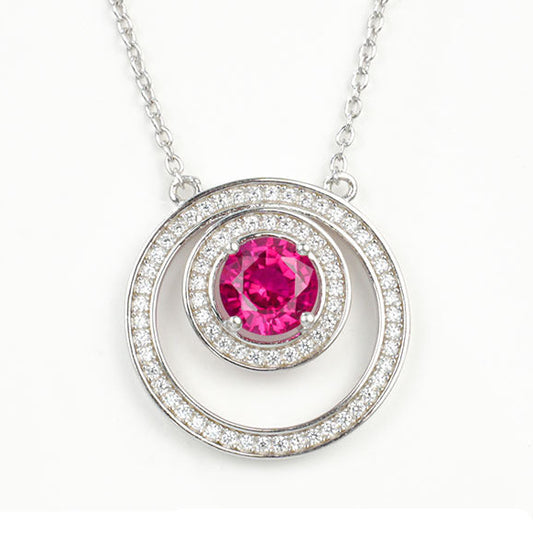 S925 Sterling Silver Lab Ruby Double-Ring Halo Pendant Necklace, Premium Jewellery - Photo 1