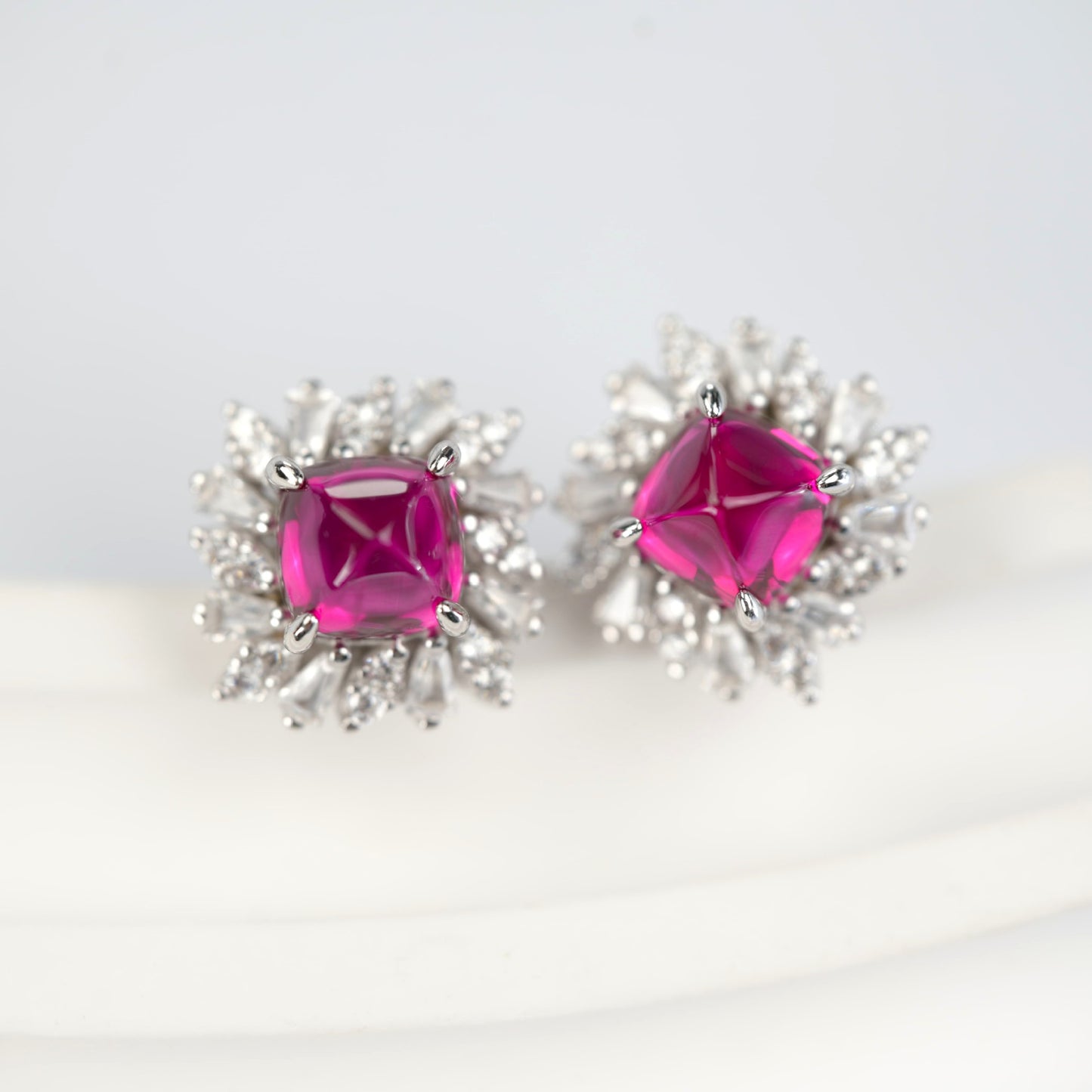 S925 Silver Sugarloaf-Cut Lab Pink Sapphire Stud Earrings, Sunflower Full Diamond - Photo 6