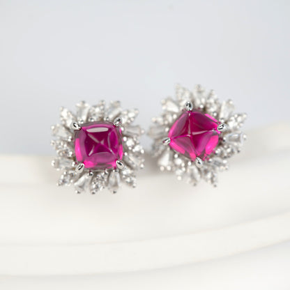 S925 Silver Sugarloaf-Cut Lab Pink Sapphire Stud Earrings, Sunflower Full Diamond - Photo 6