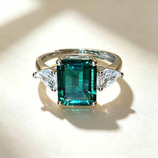 S925 Sterling Silver Lab Emerald Ring for Women, Minimalist Adjustable - Photo 2