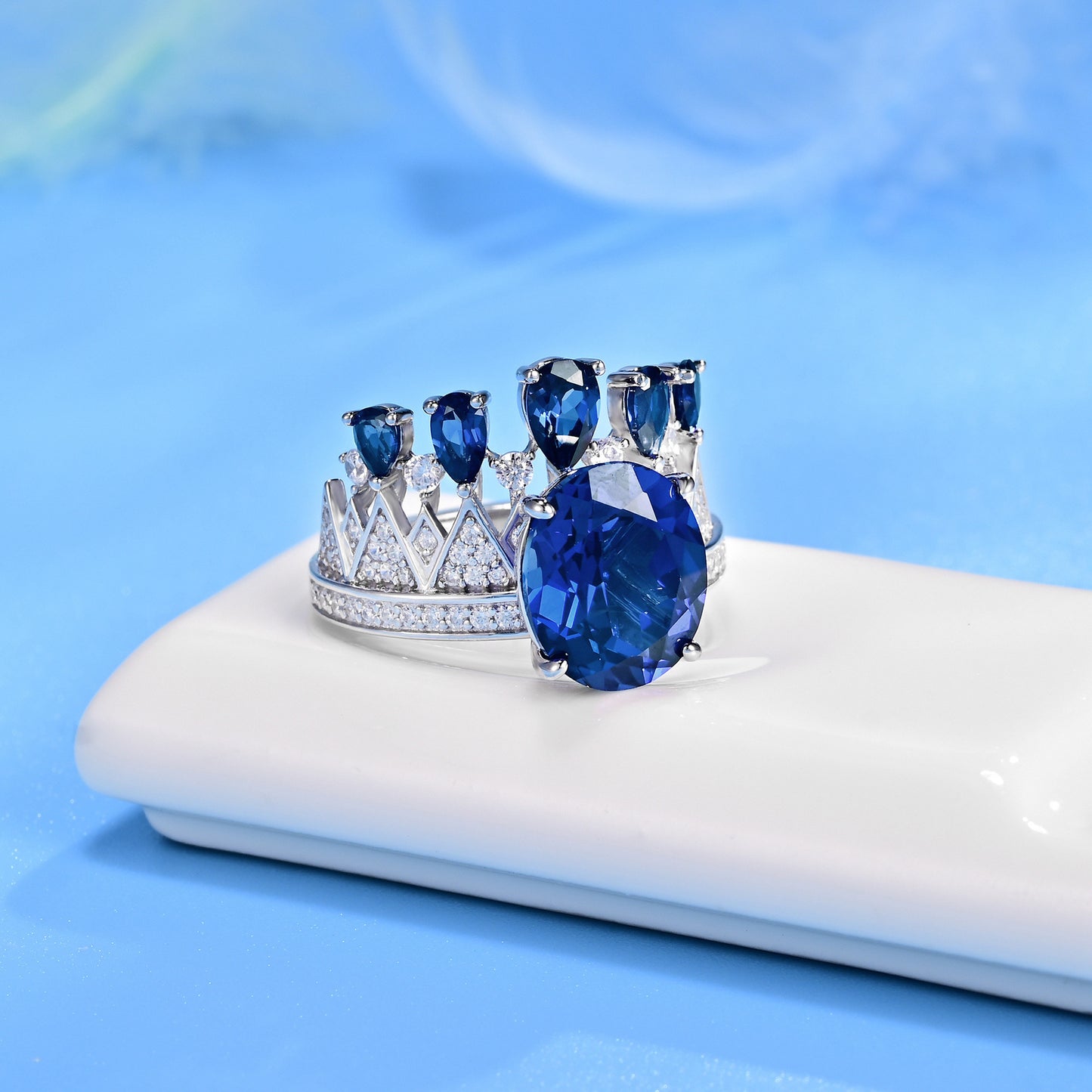 Lab Sapphire Crown Ring S925 Silver Premium Jewellery, Vintage Design Ring - Photo 3