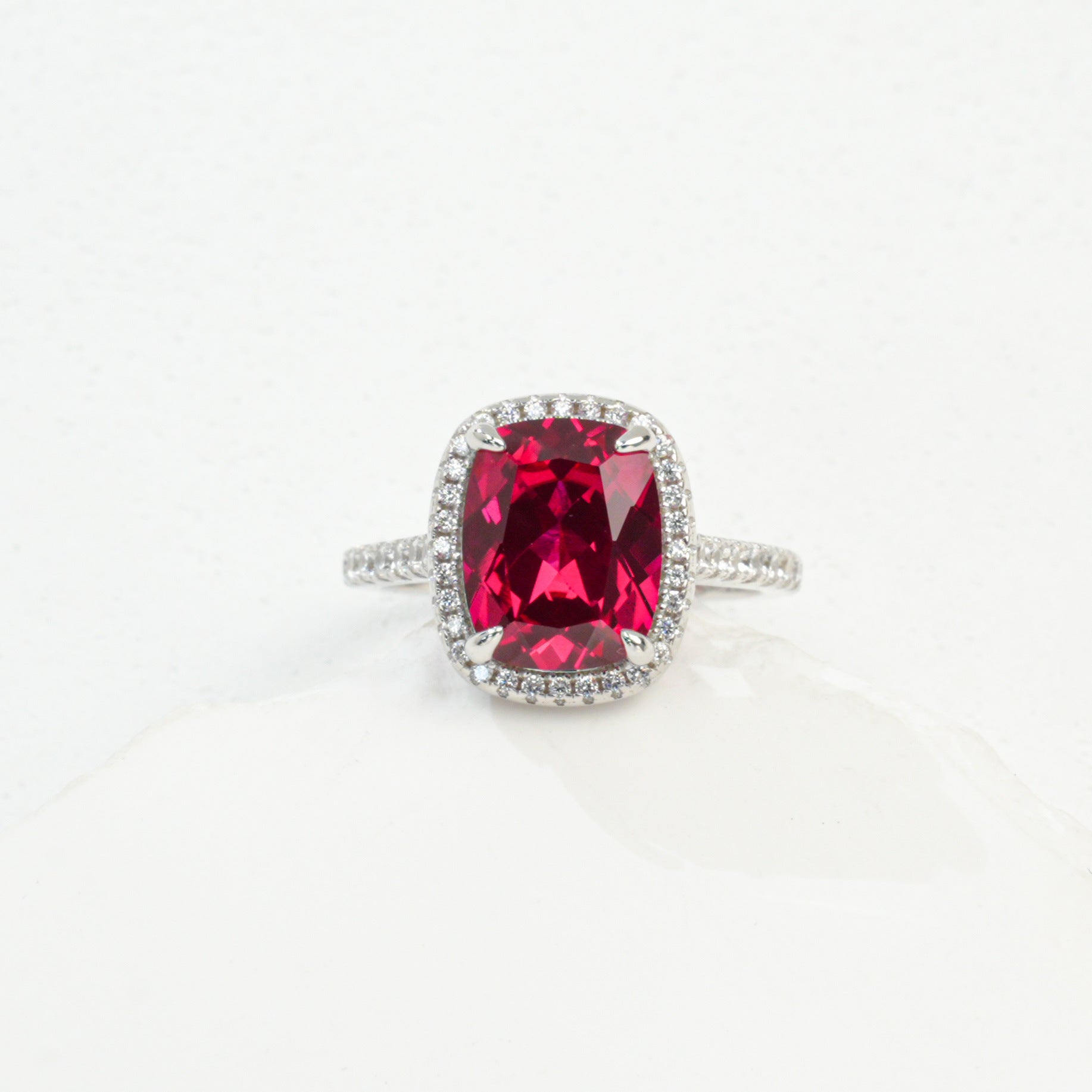 S925 Sterling Silver Large-Carat Lab Ruby Classic Halo Twist-Arm Ring, for Women - Photo 6