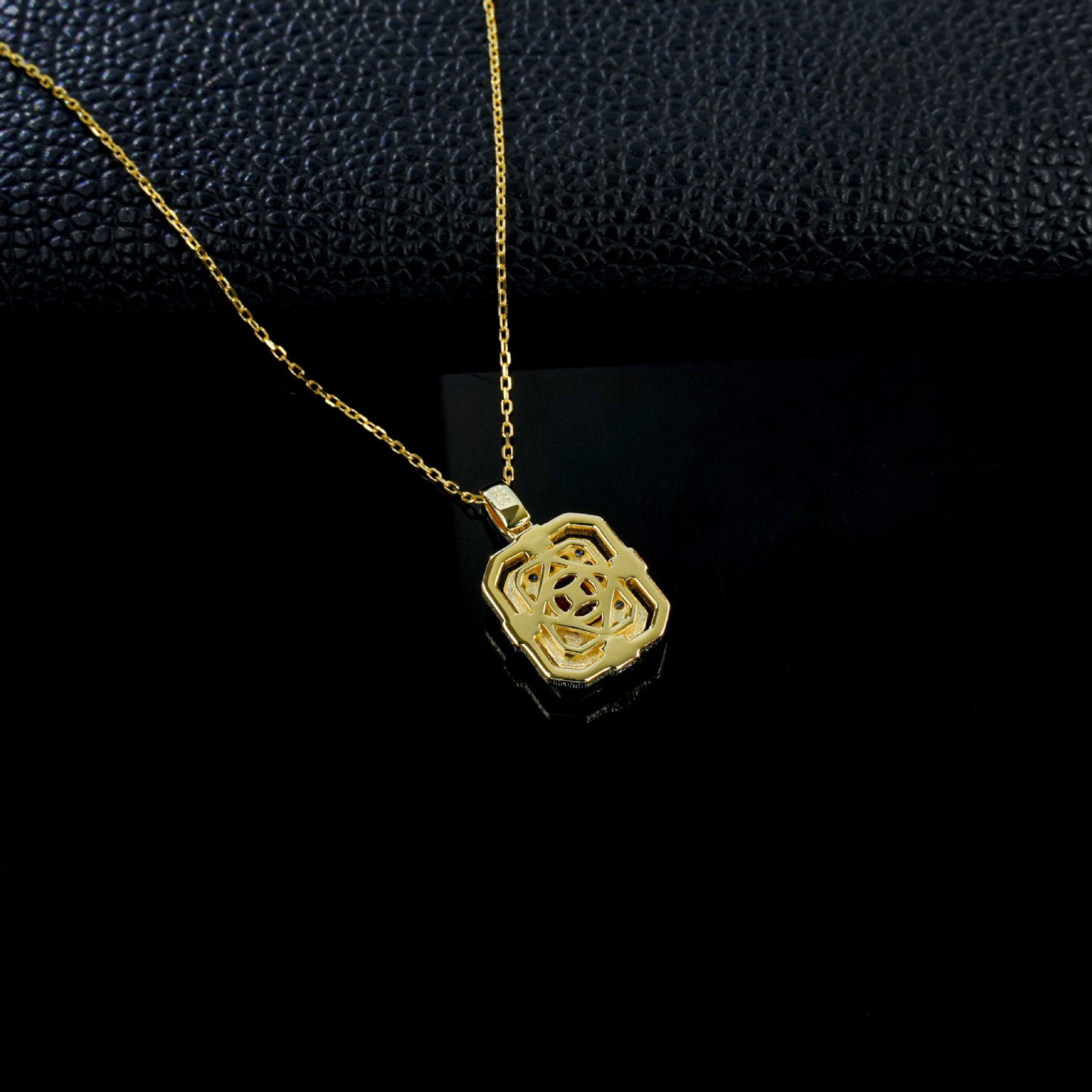 Vintage Lab Ruby Square Plate Full Diamond Halo Brushed Gold-Plated Necklace - Photo 4