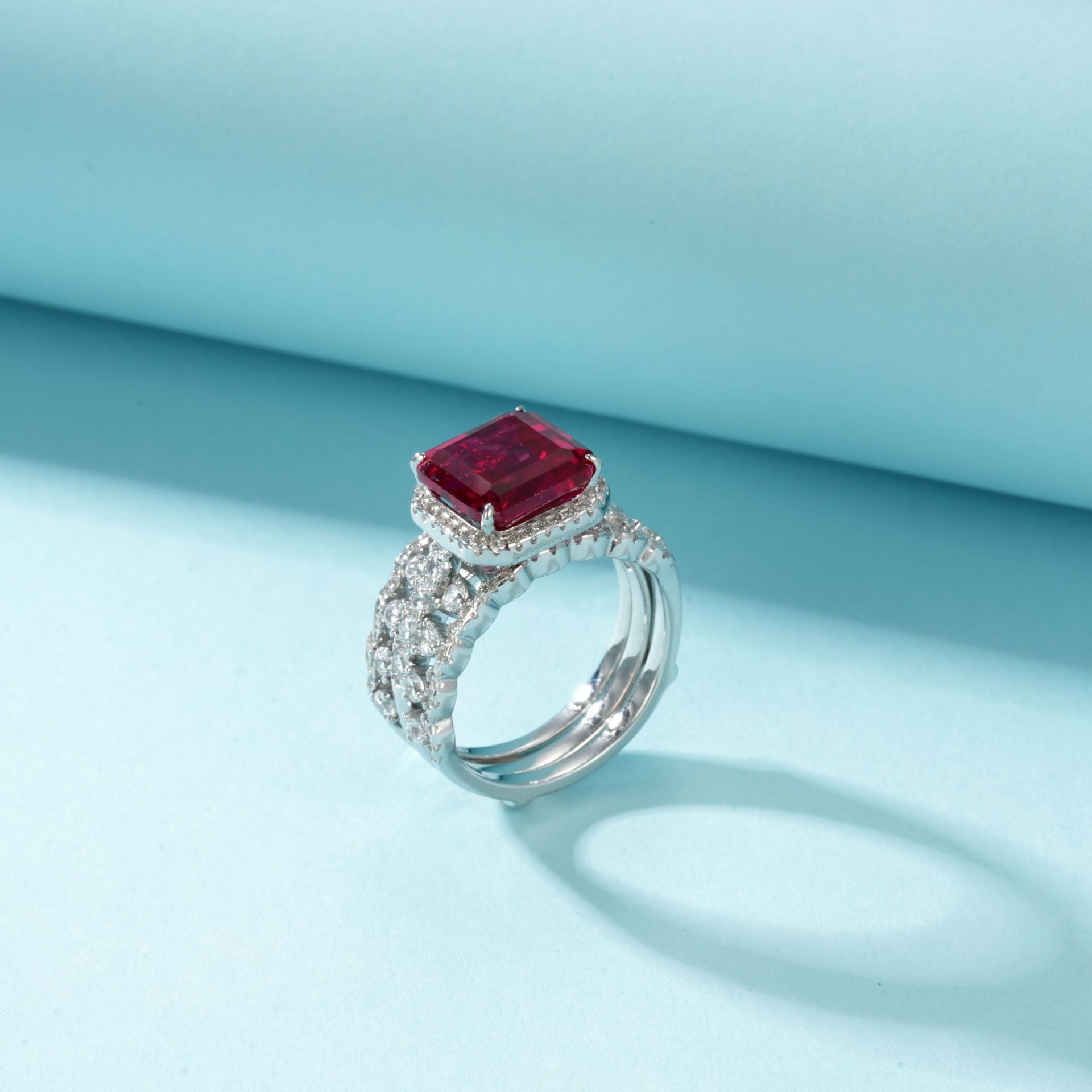 S925 Sterling Silver Square Ruby Ring Double-Layer Stacking, Design Versatile Premium - Photo 2