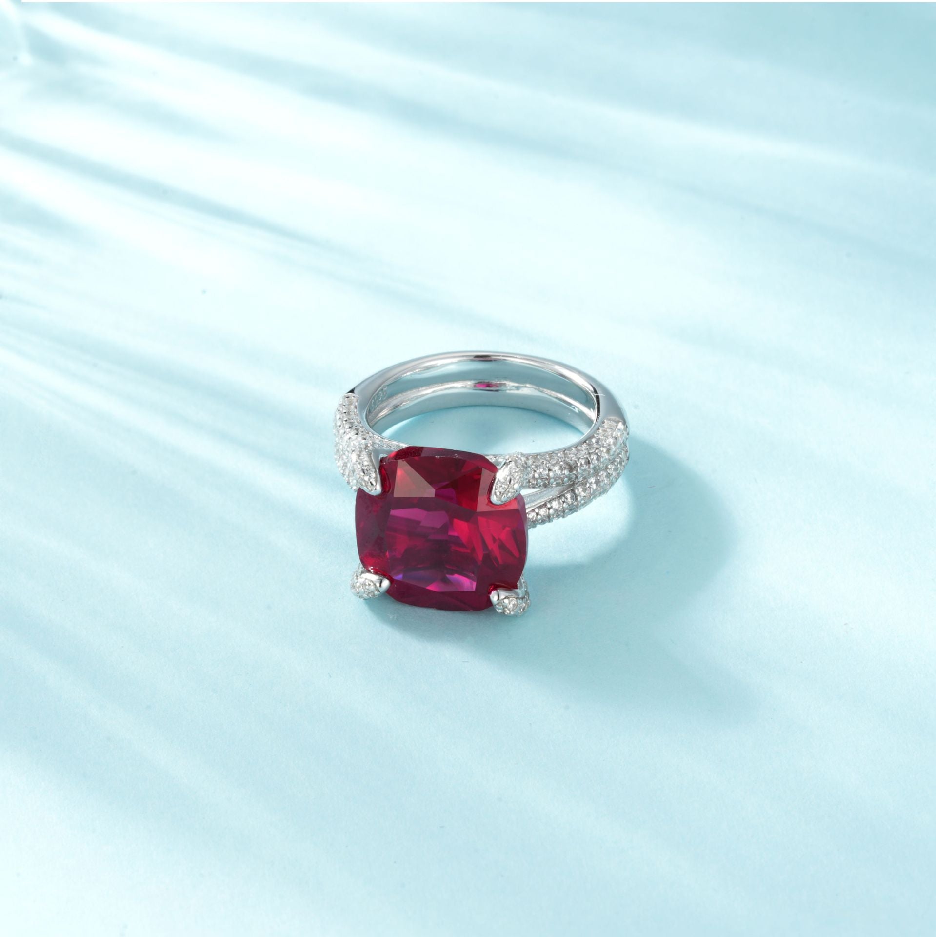 Lab Ruby Ring S925 Sterling Silver Full Diamond Cushion Centre, Engagement Gift - Photo 2
