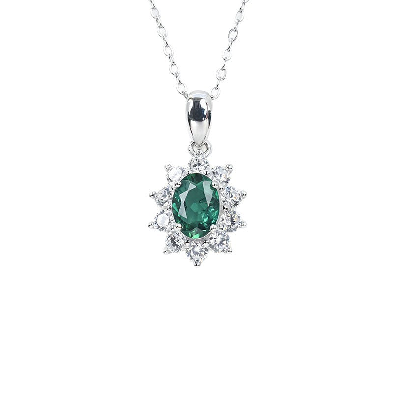 S925 Silver Oval Lab Sapphire Sunflower Diamond Pendant Necklace, Classic - Photo 5
