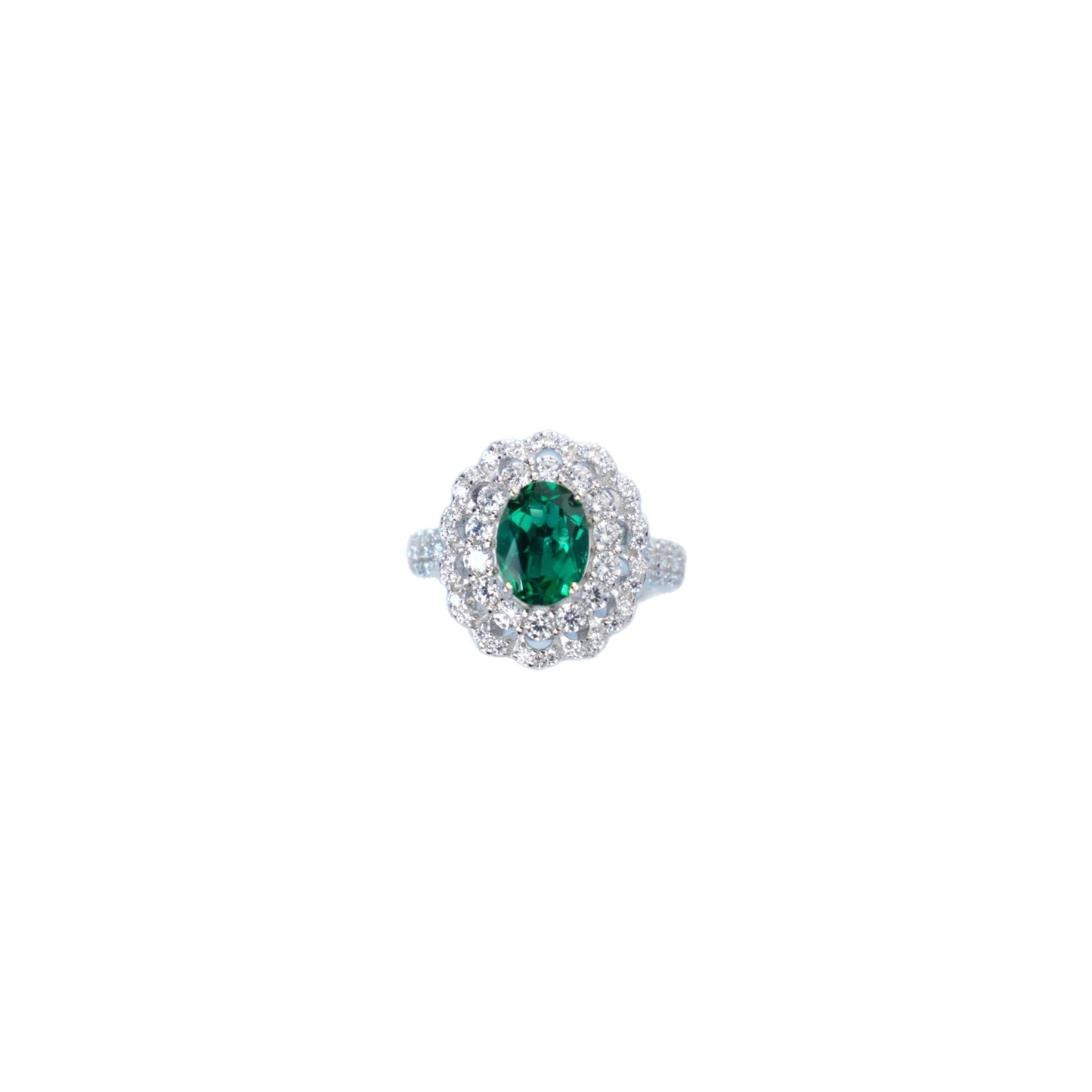 S925 Sterling Silver Oval Lab Emerald Double-Halo Pave Ring, Vintage for Women - Photo 5