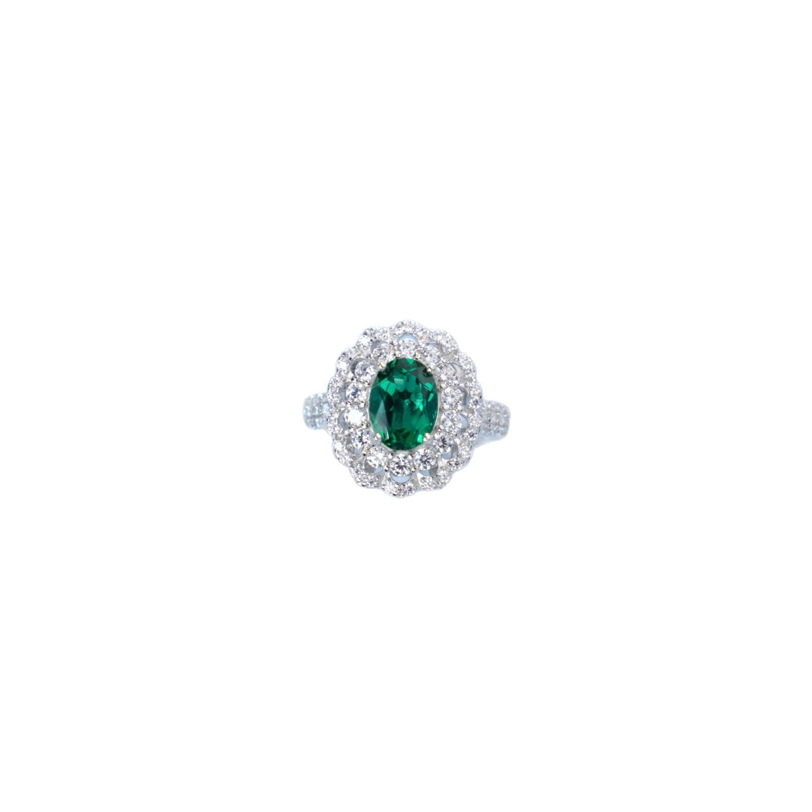 S925 Sterling Silver Oval Lab Emerald Double-Halo Pave Ring, Vintage for Women - Photo 5