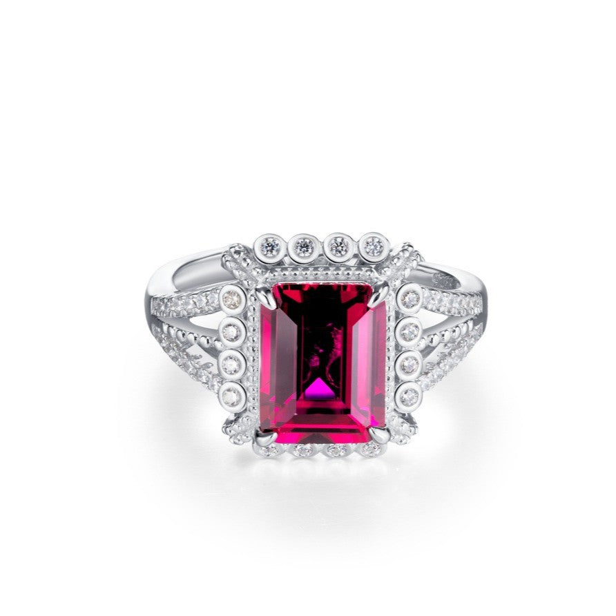 S925 Sterling Silver Lab Ruby Square Hollow Double-Row Palace Ring, Engagement Gift - Photo 5