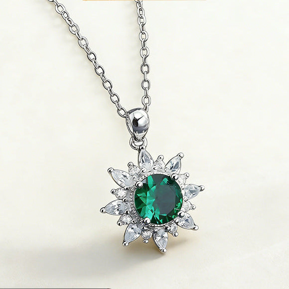 S925 Sterling Silver Lab Emerald Sunflower Halo Pendant Choker Necklace, Premium - Photo 1