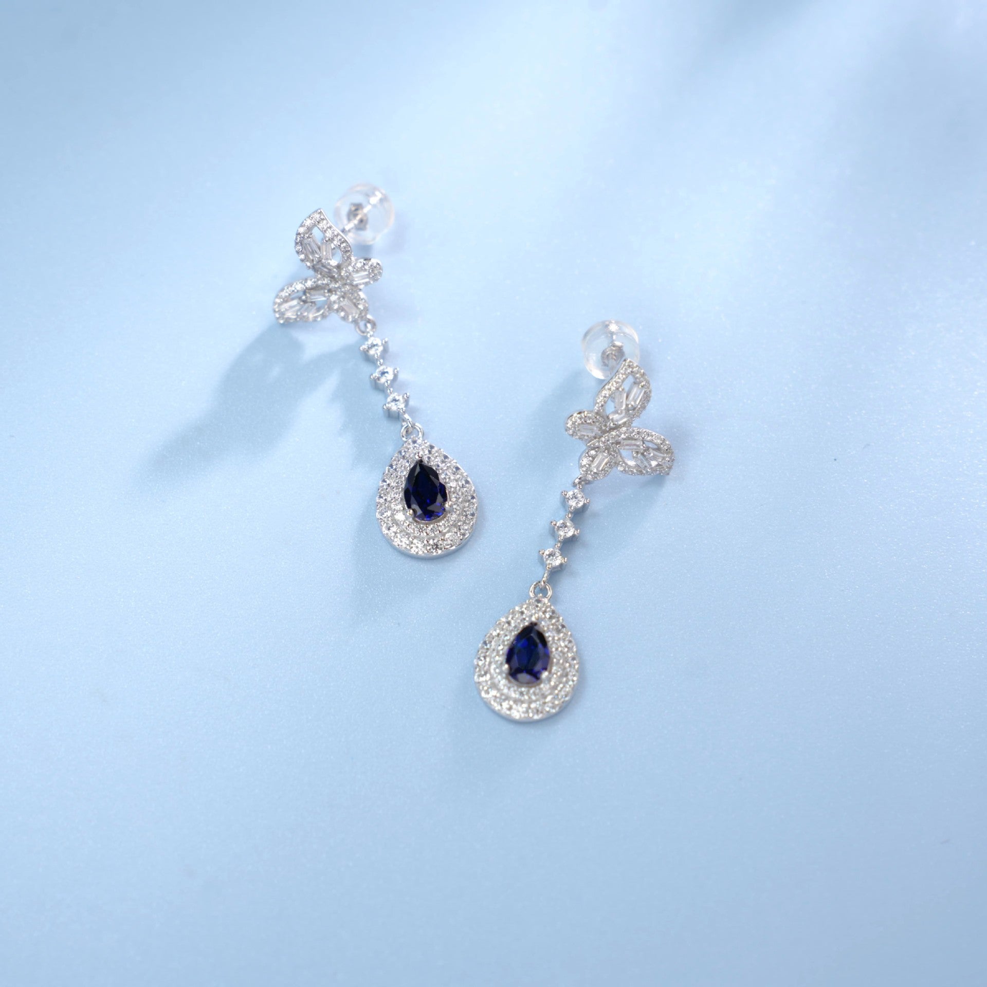 S925 Silver Teardrop Lab Sapphire Long Drop Halo Women's Earrings - Photo 3