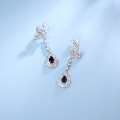 S925 Silver Teardrop Lab Sapphire Long Drop Halo Women's Earrings - Photo 3
