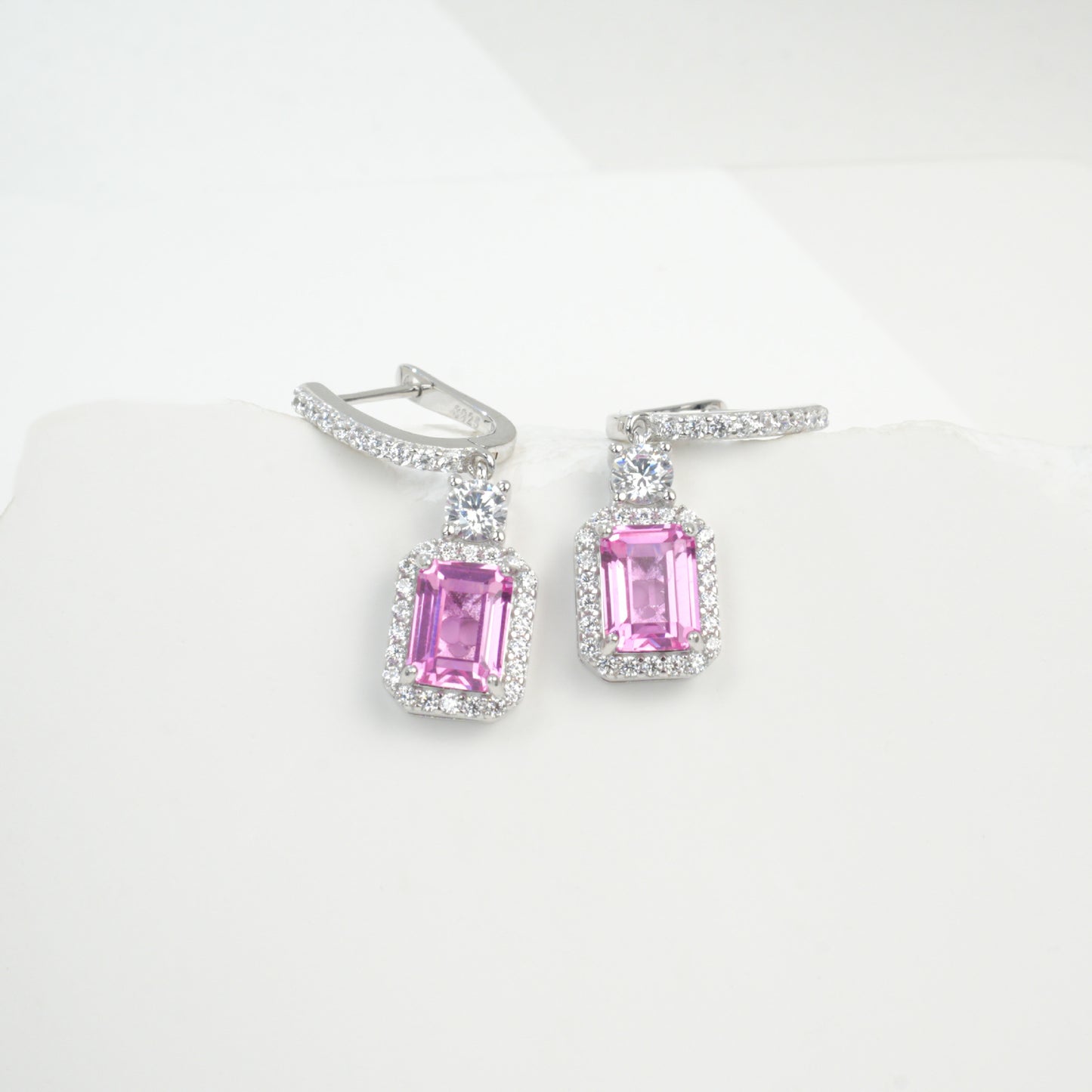 S925 Sterling Silver Lab Padparadscha Square Emerald-Cut Drop Earrings, Vintage Versatile - Photo 3