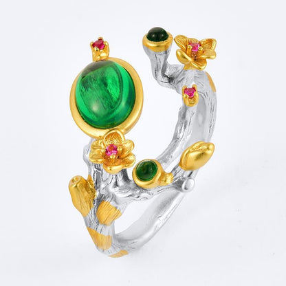 S925 Sterling Silver Lab Emerald Ring Adjustable, Style Design Artistic - Photo 5