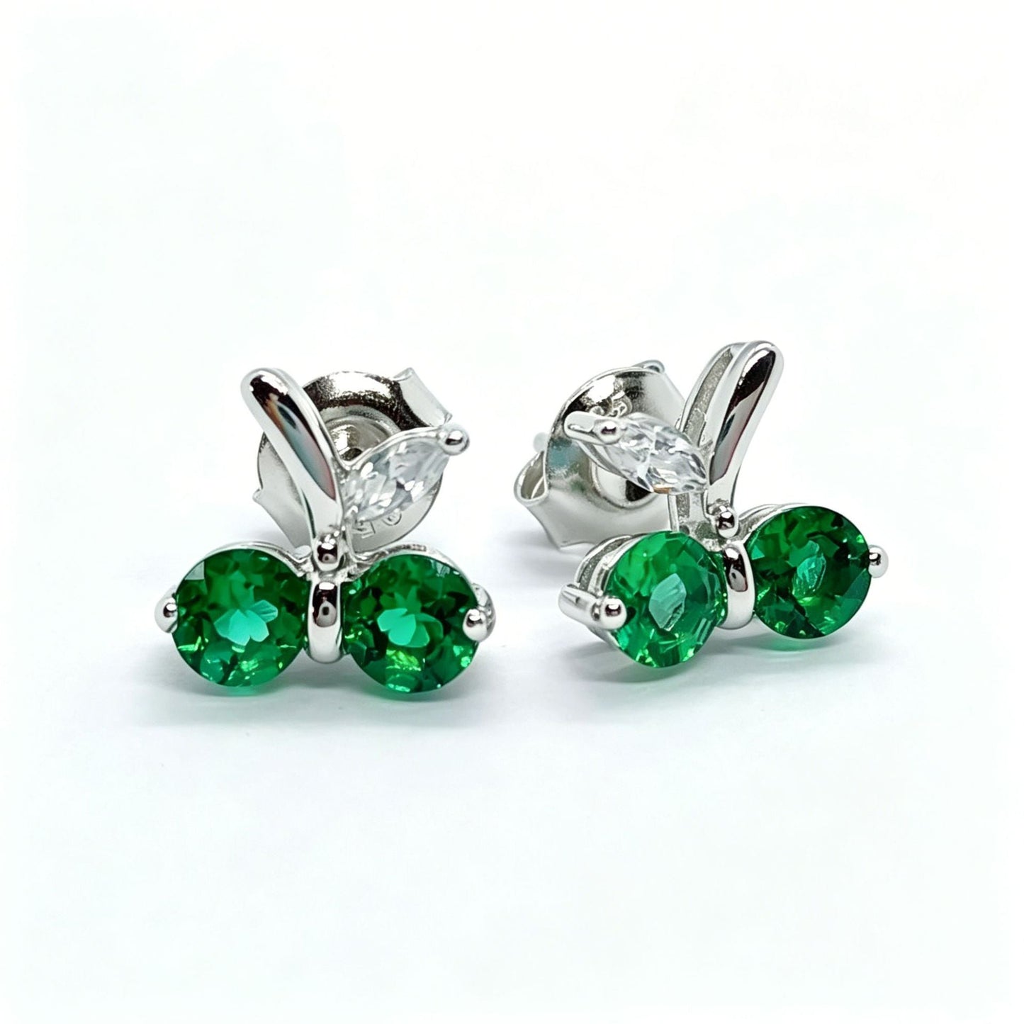S925 Silver Cherry Emerald Stud Earrings, Mini Small Girly - Photo 1