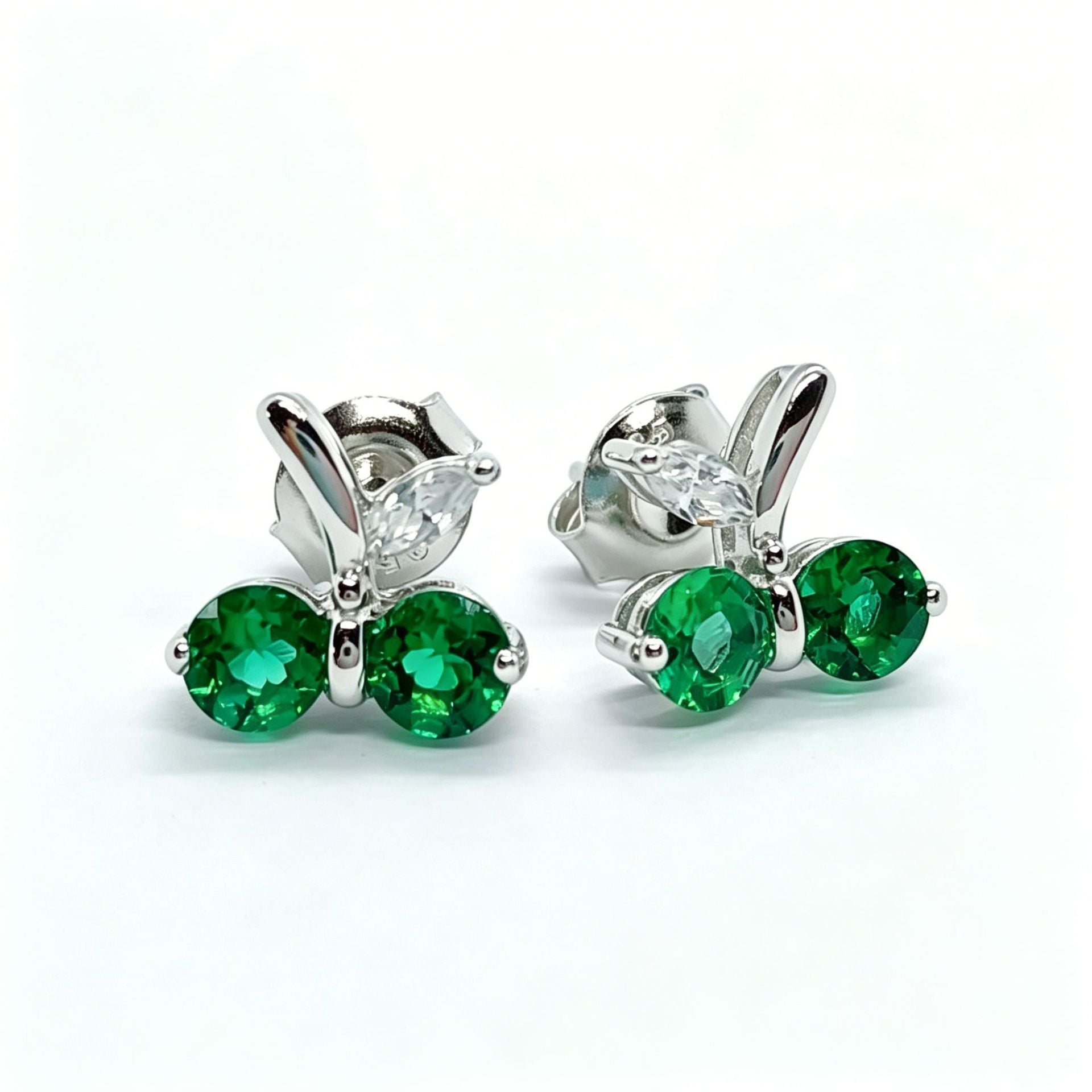 S925 Silver Cherry Emerald Stud Earrings, Mini Small Girly - Photo 1