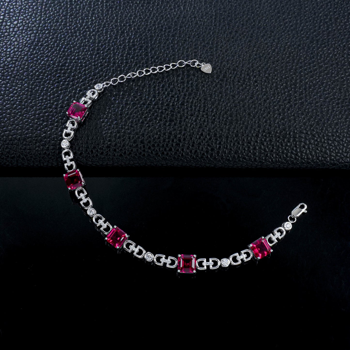 S925 Silver Square Ruby Bracelet, Geometric Hollow Chain - Photo 4