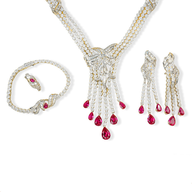 S925 Sterling Silver Lab Ruby Jewellery Set (Necklace, Bracelet, Ring, Earrings) - Photo 1