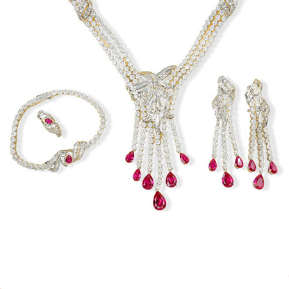 S925 Sterling Silver Lab Ruby Jewellery Set (Necklace, Bracelet, Ring, Earrings) - Photo 1