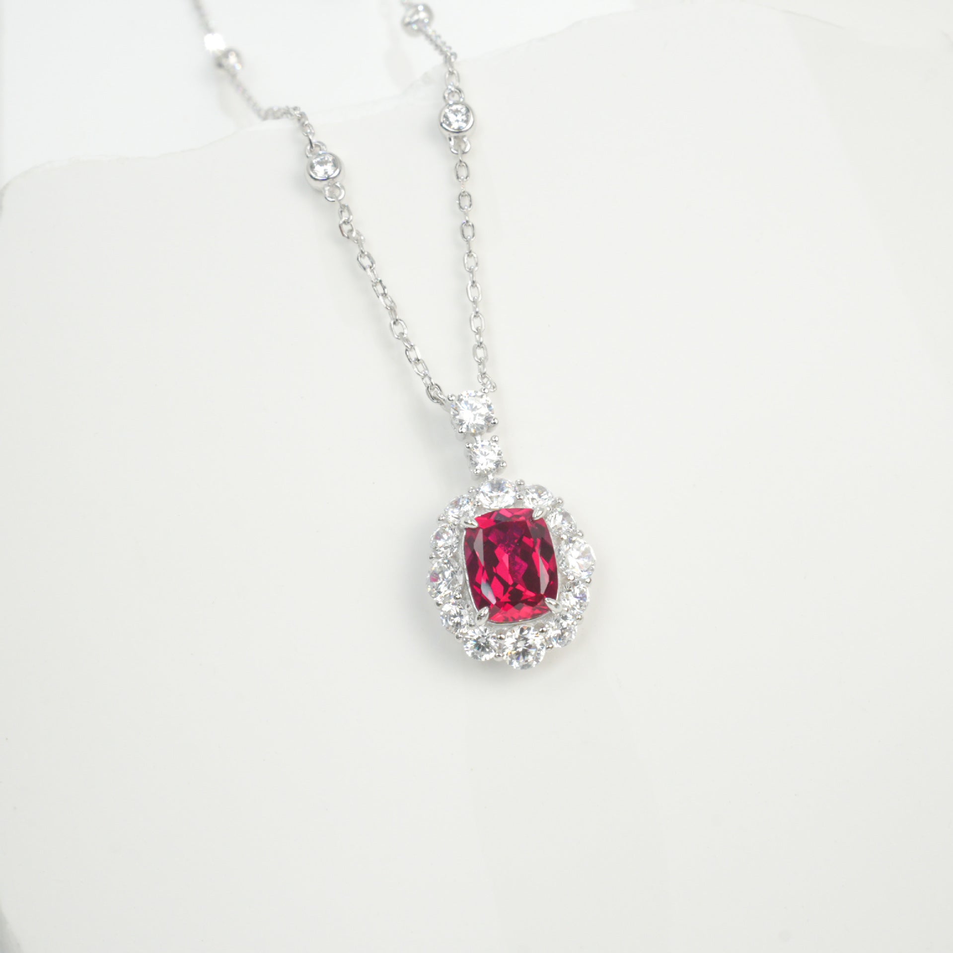 S925 Silver Necklace Pigeon Blood Ruby Pendant Diamond Chain Sparkling, Vintage Bold Stock - Photo 3