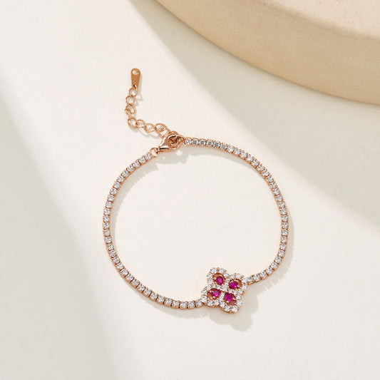 Lab Ruby Bracelet 925 Silver Vintage Sterling Lucky Four-Leaf Clover for Women - Photo 4