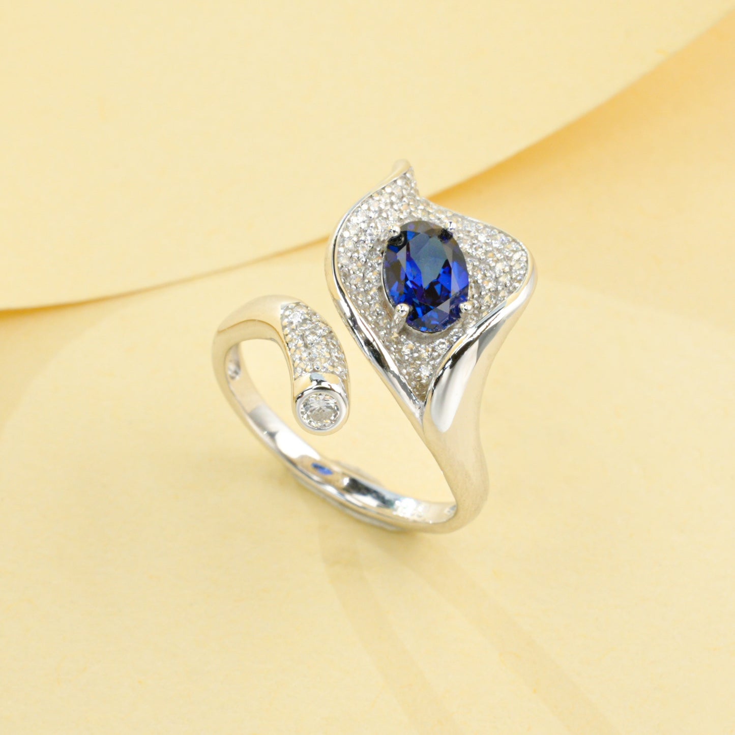 925 Sterling Silver Lab Sapphire Calla Lily Open Pave Ring, Premium for Women - Photo 2