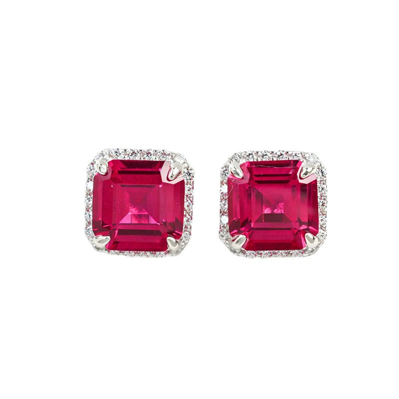 S925 Silver Classic Lab Ruby Halo Stud Earrings, Skin-Brightening Gift - Photo 5