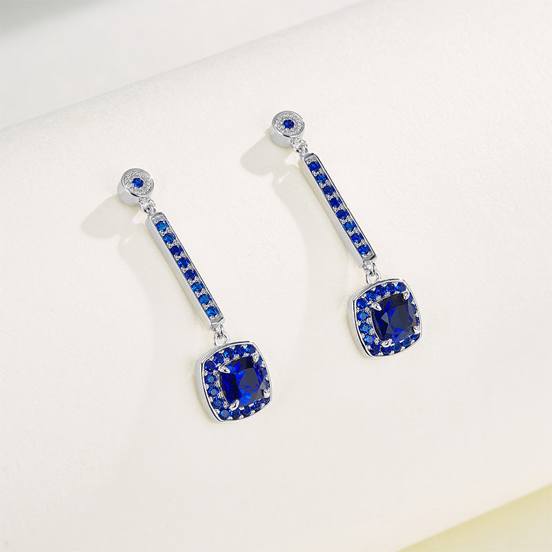 S925 Sterling Silver coloured Gemstone Sugarloaf Long Drop Earrings, Cushion Pave Premium - Photo 4