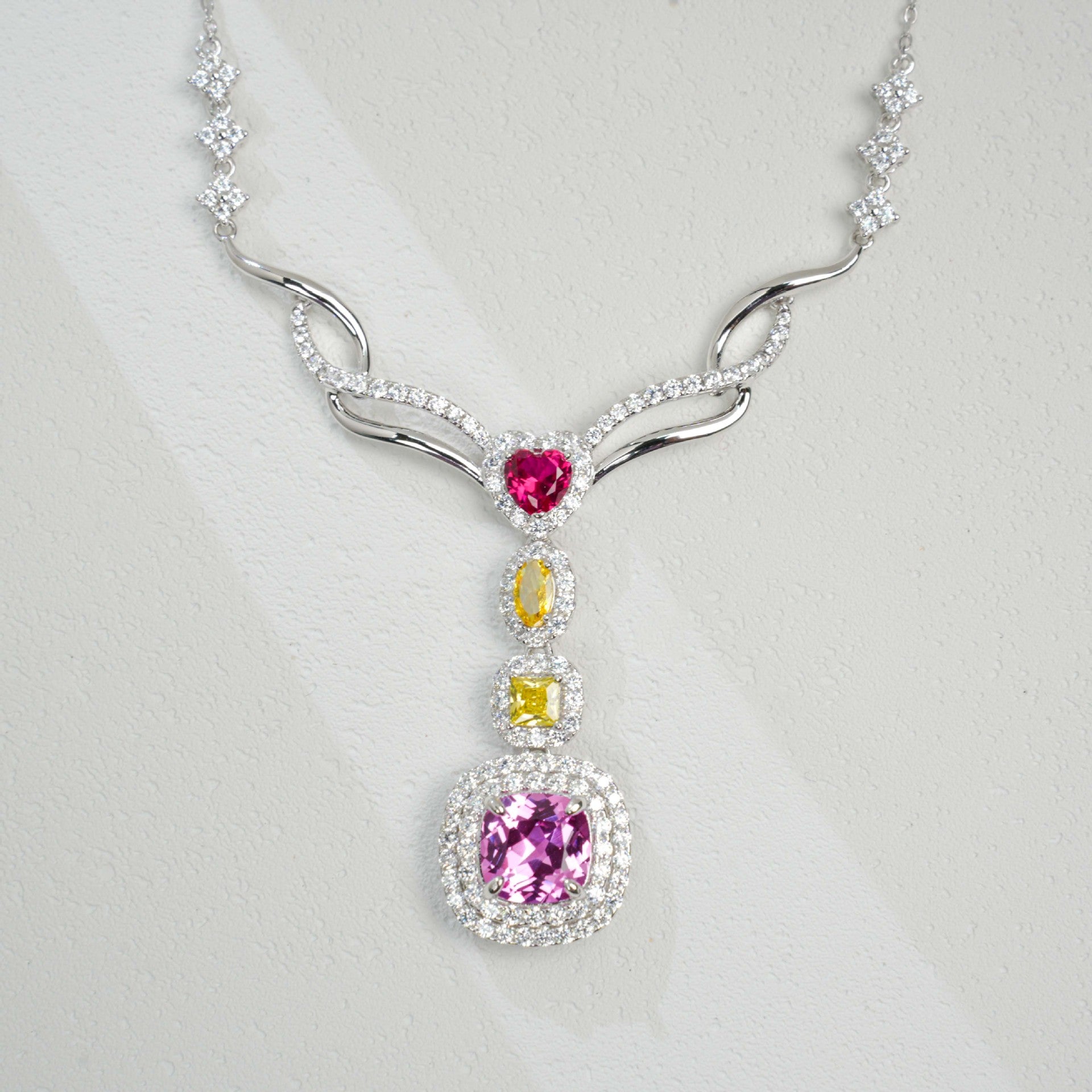 S925 Sterling Silver Square Lab Padparadscha Pendant Necklace, Designer - Photo 2