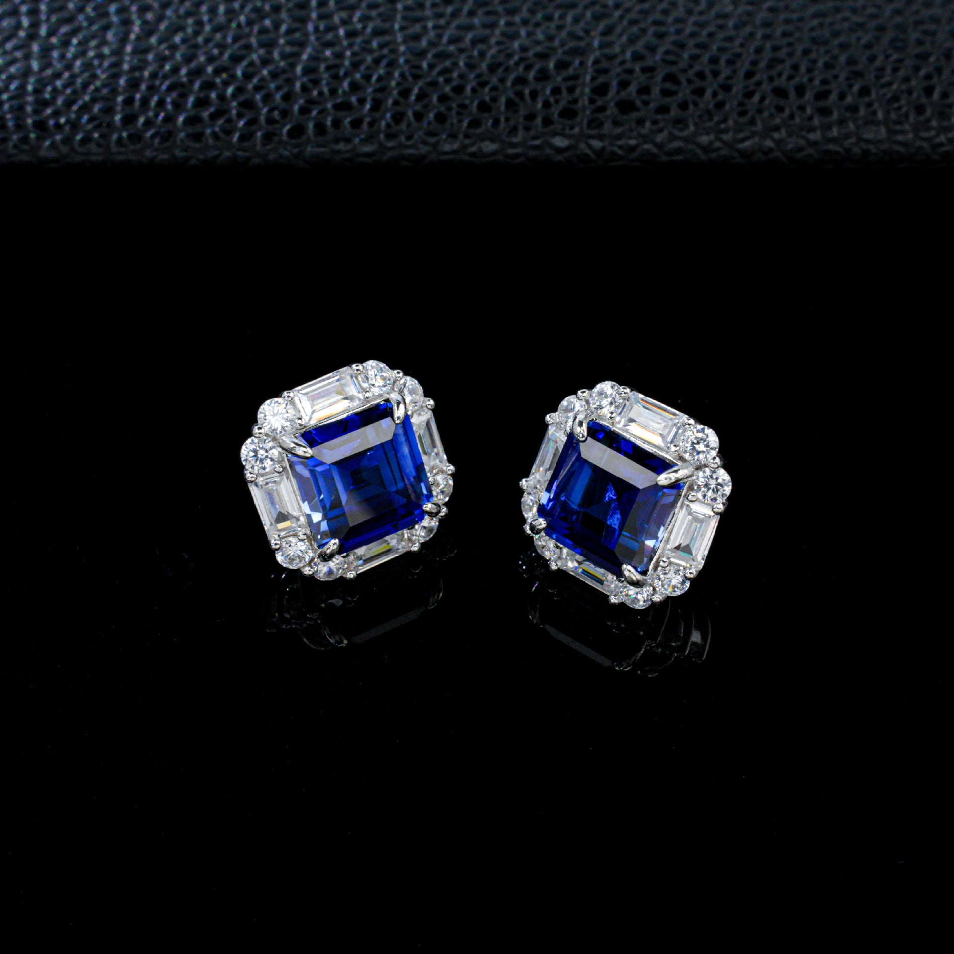 S925 Silver Lab Sapphire Stud Earrings Square Double-Layer Step Diamond Halo, Date Business Evening - Photo 4