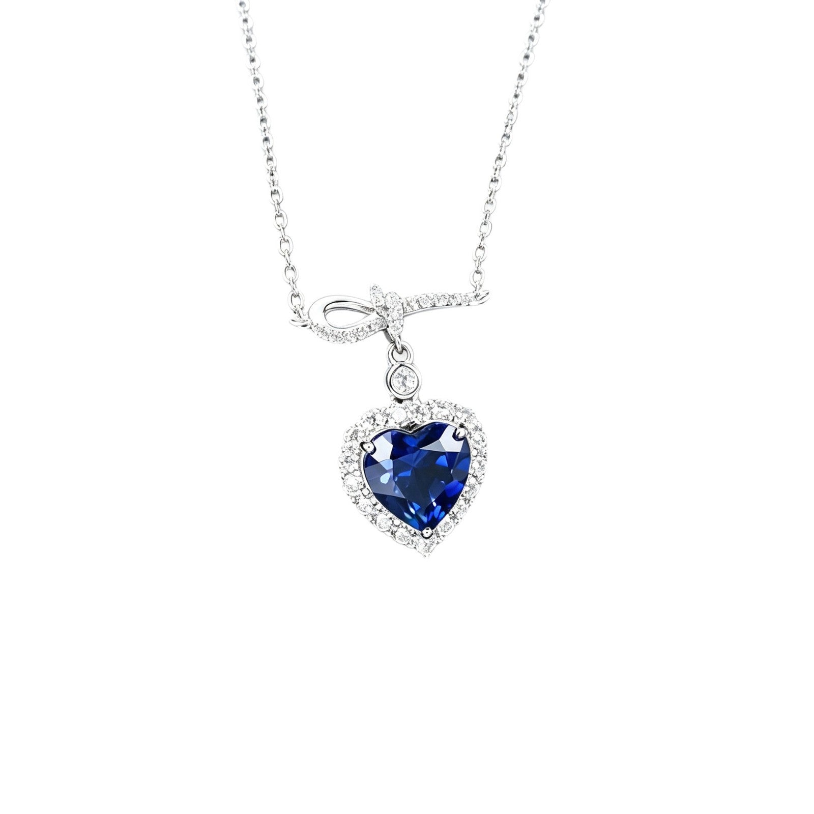 S925 Silver Heart Lab Sapphire Necklace, Full Diamond Halo - Photo 5