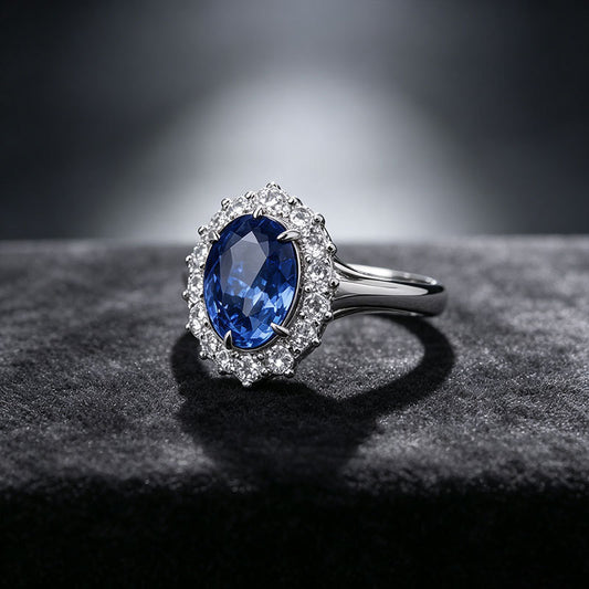 S925 Silver Oval Lab Sapphire Sunflower Staggered Halo Ring, Birthday Anniversary Gift - Photo 3