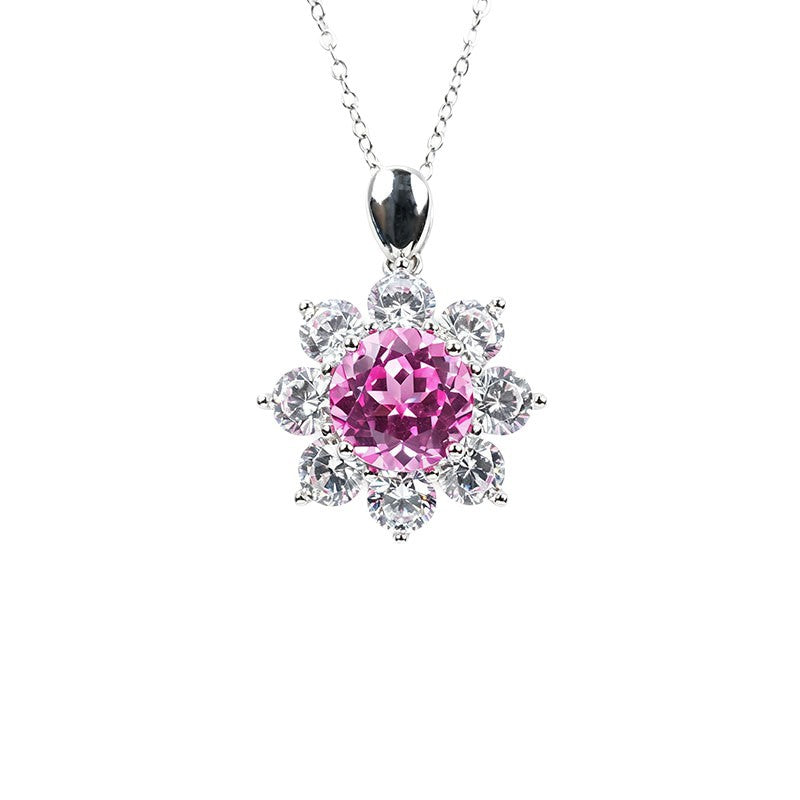 S925 Silver Sunflower Lab Pink Sapphire Necklace, Party Pendant Birthday - Photo 5