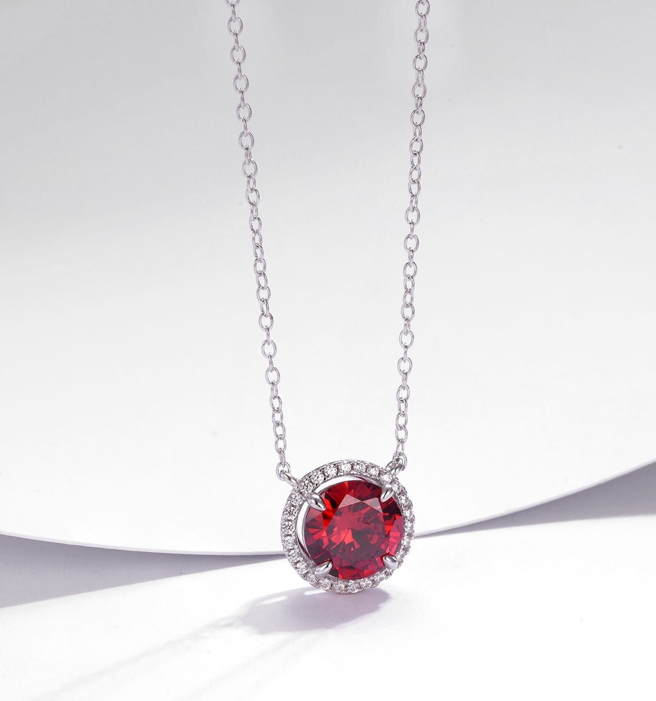 S925 Silver Round Lab Ruby Full Diamond Single-Halo Pendant Necklace, Premium - Photo 6