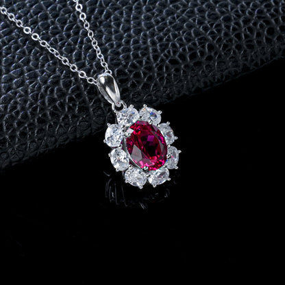 S925 Silver Oval Lab Ruby Sunflower Diamond Necklace - Photo 2
