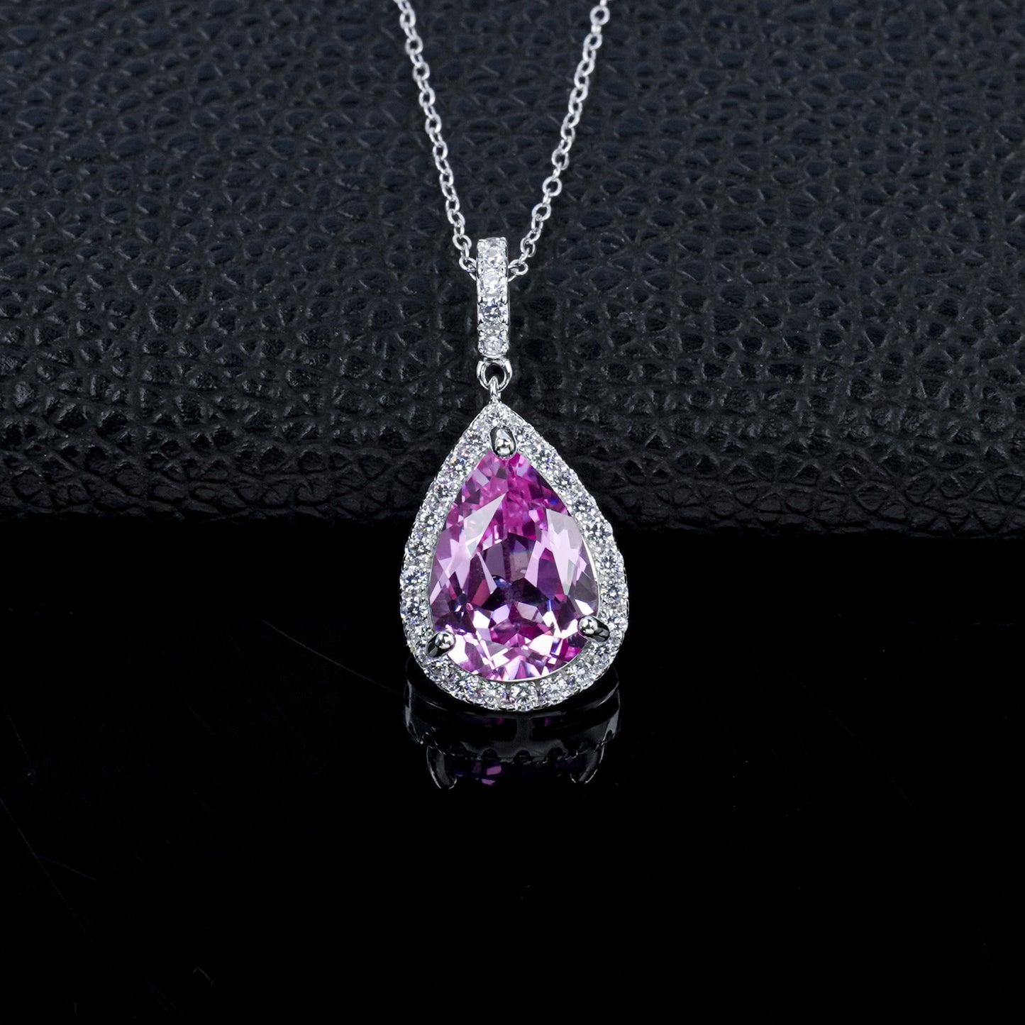 S925 Silver Pear Teardrop Lab Pink Gemstone Halo Necklace, Evening Pendant Birthday - Photo 2