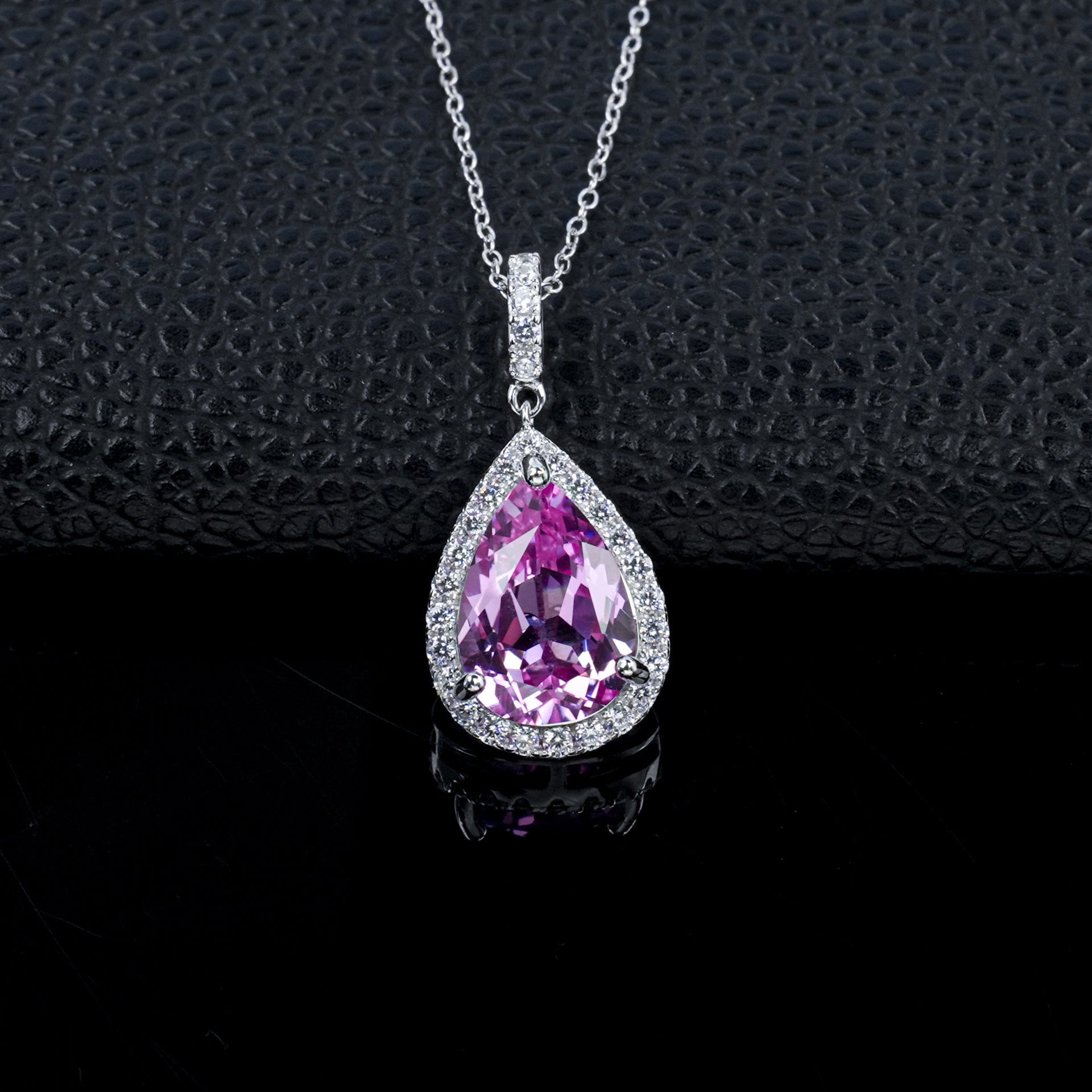 S925 Silver Pear Teardrop Lab Pink Gemstone Halo Necklace, Evening Pendant Birthday - Photo 2