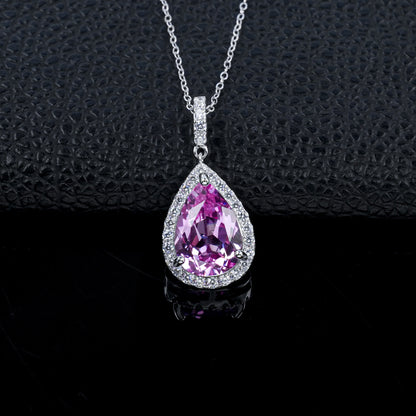 S925 Silver Pear Teardrop Lab Pink Gemstone Halo Necklace, Evening Pendant Birthday - Photo 2