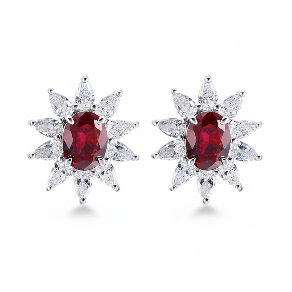 S925 Sterling Silver Lab Pigeon Blood Ruby Sunflower colourful Halo Stud Earrings, Premium for Women - Photo 1