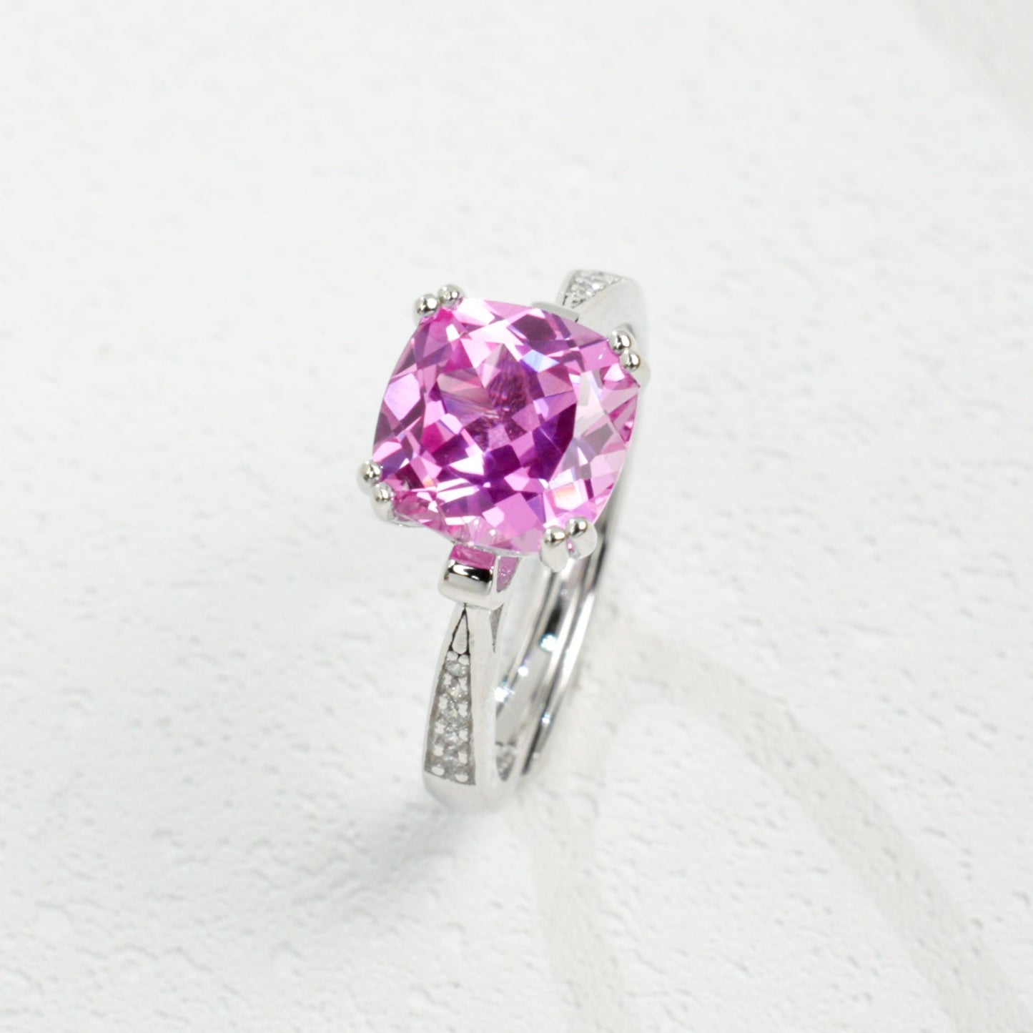 925 Sterling Silver Lab Padparadscha Cushion Pink Diamond Open Ring, Versatile for Women - Photo 6