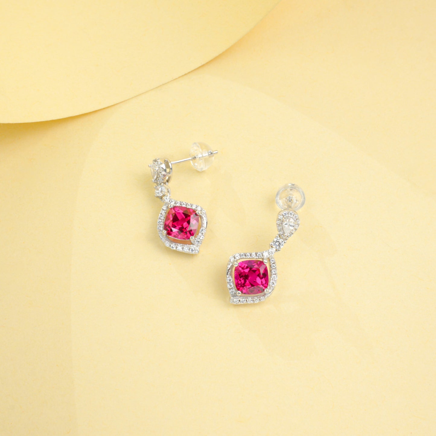 S925 Silver Cushion Lab Ruby Drop Earrings Diamond-Shaped Full Diamond Halo, Wedding Evening Gift - Photo 2