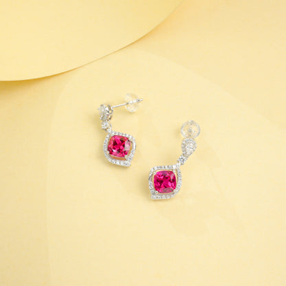 S925 Silver Cushion Lab Ruby Drop Earrings Diamond-Shaped Full Diamond Halo, Wedding Evening Gift - Photo 2