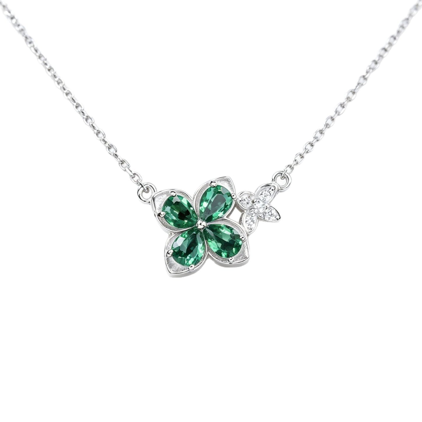 S925 Silver Lab Emerald Four-Petal Flower Necklace, Green Gemstone Butterfly - Photo 5
