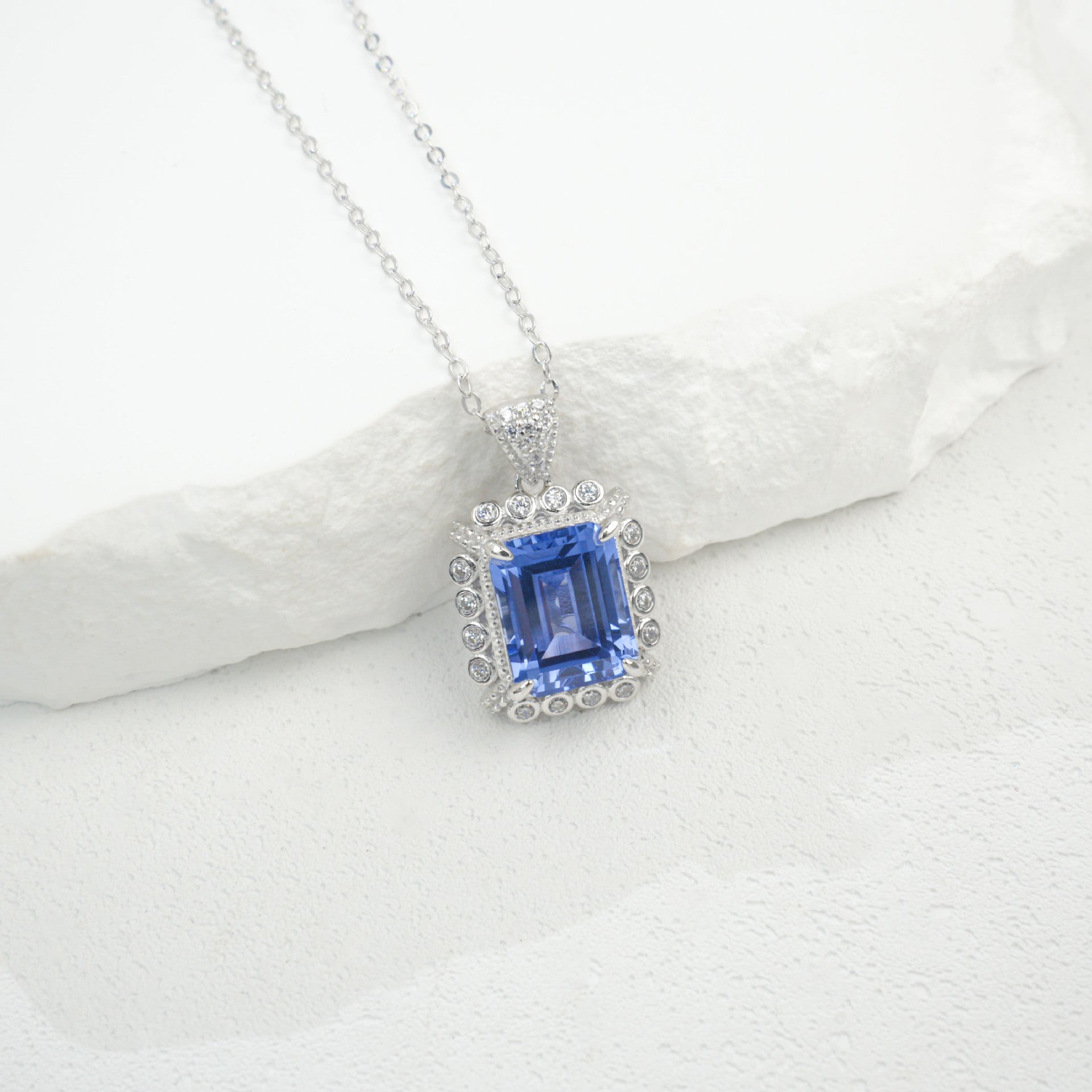 925 Sterling Silver Lab Sapphire Square Pave Choker Necklace, Elegant Versatile - Photo 5
