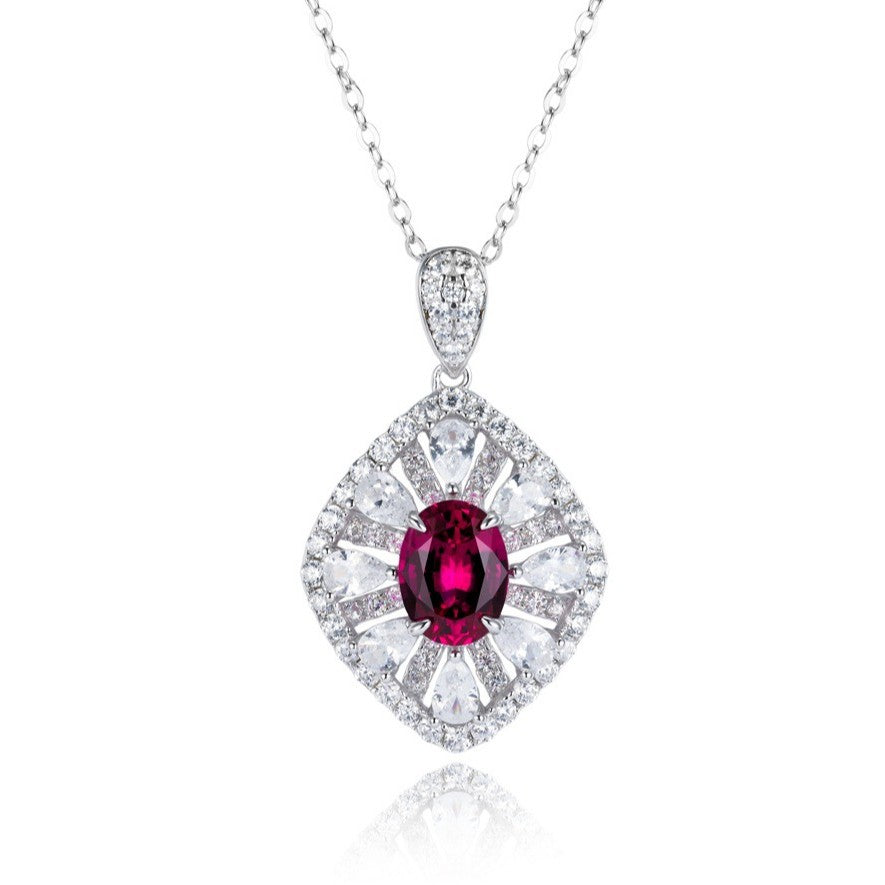 S925 Silver Necklace Pigeon Blood Ruby Pendant Diamond Chain, Sparkling Vintage Holiday - Photo 5